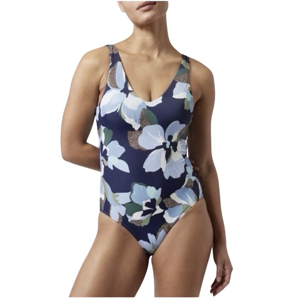 Athleta Women’s Seychelles one piece swimsuit, blue floral, v-neck, full cov, XL